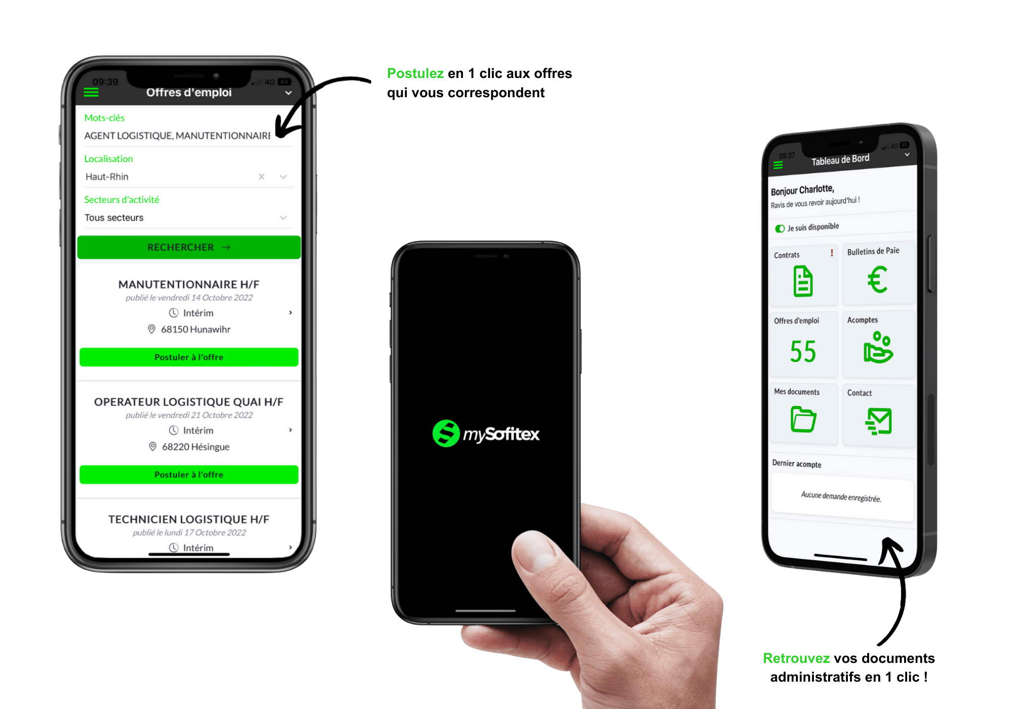 Interface application mobile mySofitex avec offres d'emploi et tableau de bord